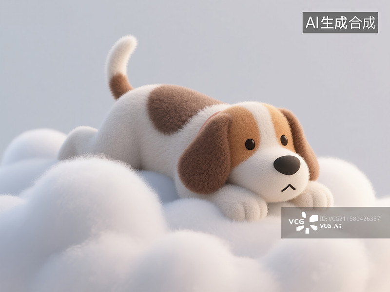 【AI数字艺术】狗年可爱小狗趴在云上小憩世界睡眠日创意3D插画毛毡动物生日贺卡设计绘本图书封面金融科技抽象商业背景图片素材