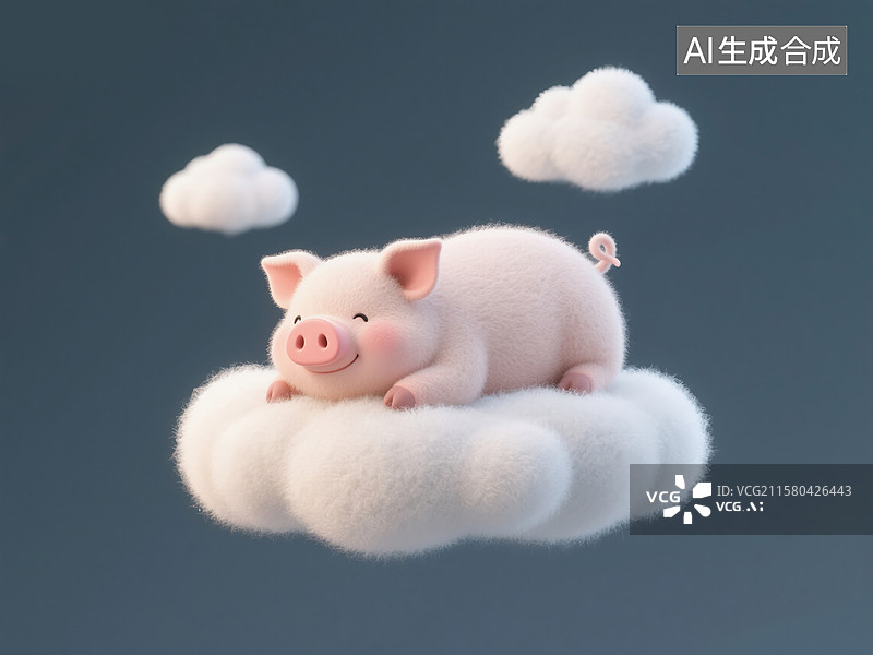 【AI数字艺术】可爱小猪趴在云上小憩世界睡眠日创意3D插画毛毡质感的动物生日贺卡设计绘本图书封面金融科技抽象商业背景图片素材