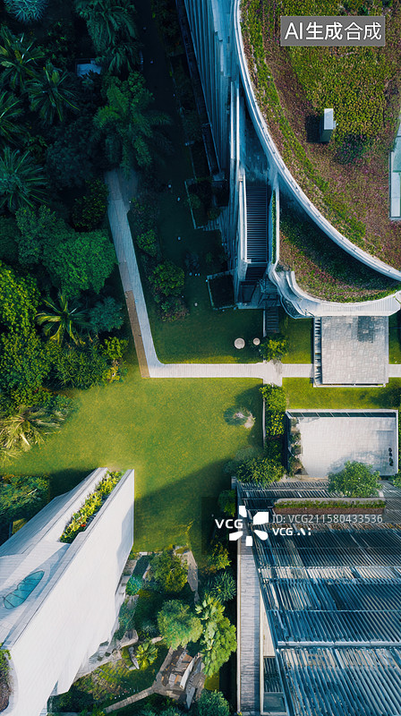 【AI数字艺术】现代建筑与绿色植被的空中俯瞰图片素材