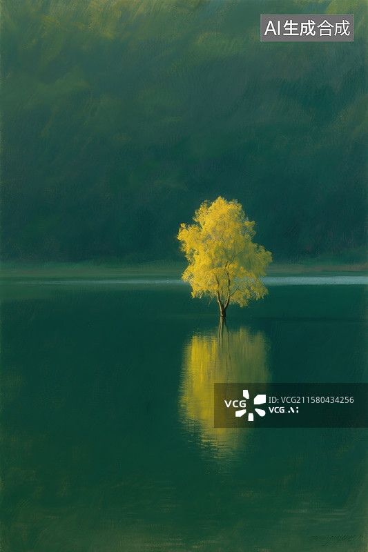 【AI数字艺术】墨绿色湖面，远方一棵孤独的小树，金黄色，树的倒影在湖面。辽阔，色调暗沉，模糊，素简，图片素材