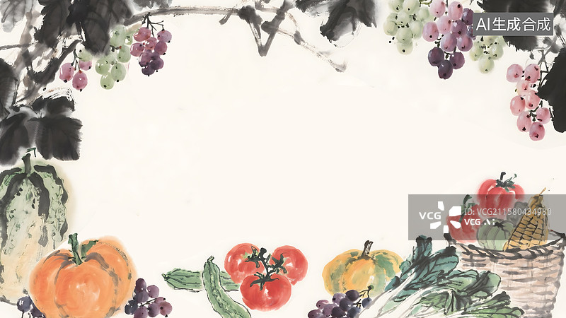 【AI数字艺术】丰收蔬菜瓜果水墨画最大图片素材