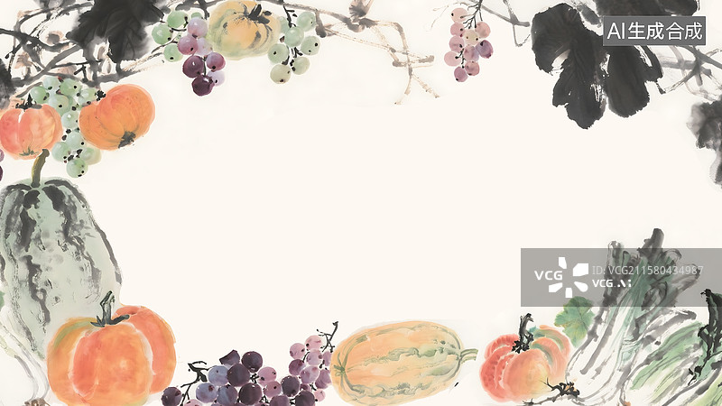 【AI数字艺术】丰收蔬菜瓜果水墨画最大图片素材