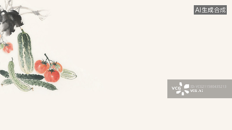 【AI数字艺术】丰收蔬菜瓜果水墨画左上图片素材