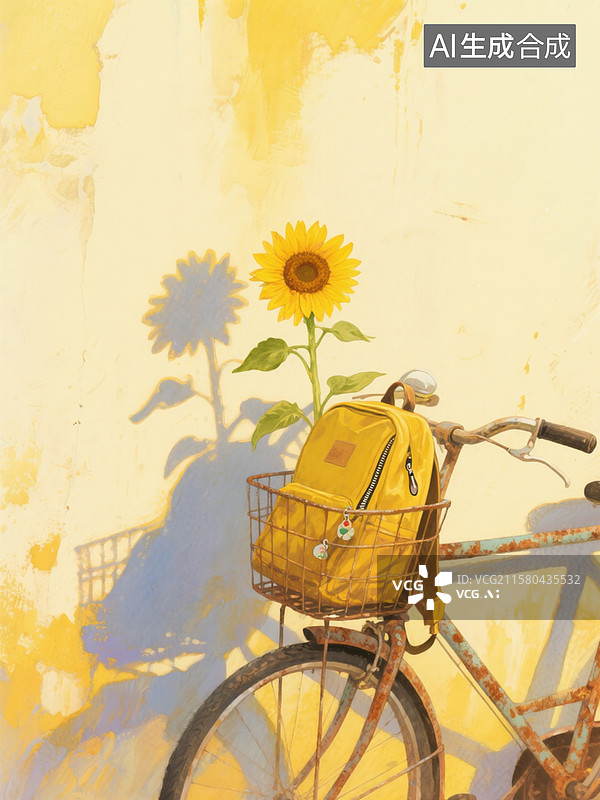 【AI数字艺术】水彩治愈系插画，夕阳黄的墙壁上，生锈单车的影子里，长出半朵黄色向日葵。单车篮中躺着褪色的书包图片素材