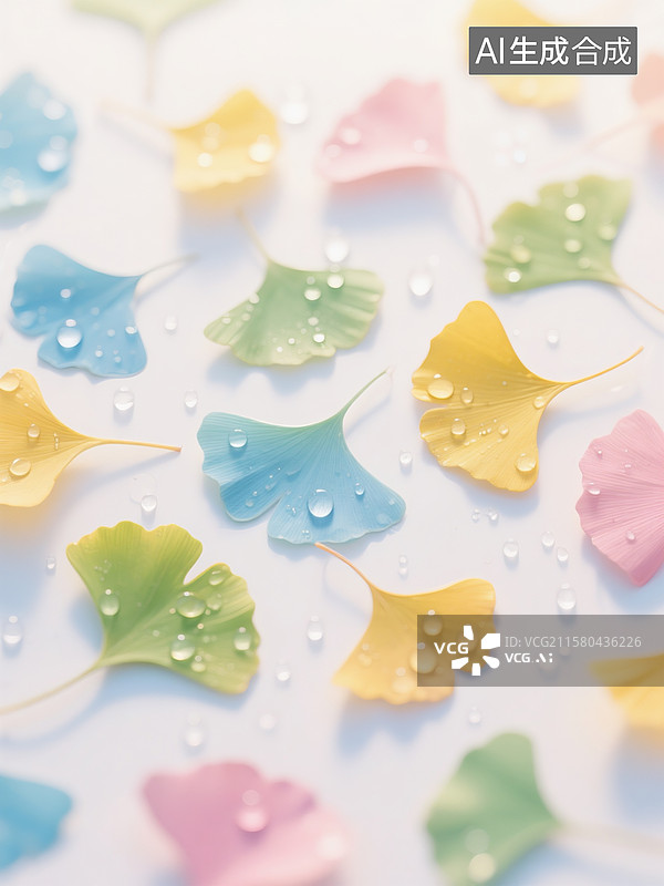 【AI数字艺术】色彩缤纷的银杏叶错落有致地铺展在白色背景上，叶片的颜色有蓝色、黄色、绿色、粉色，如同被施了魔法般梦幻图片素材