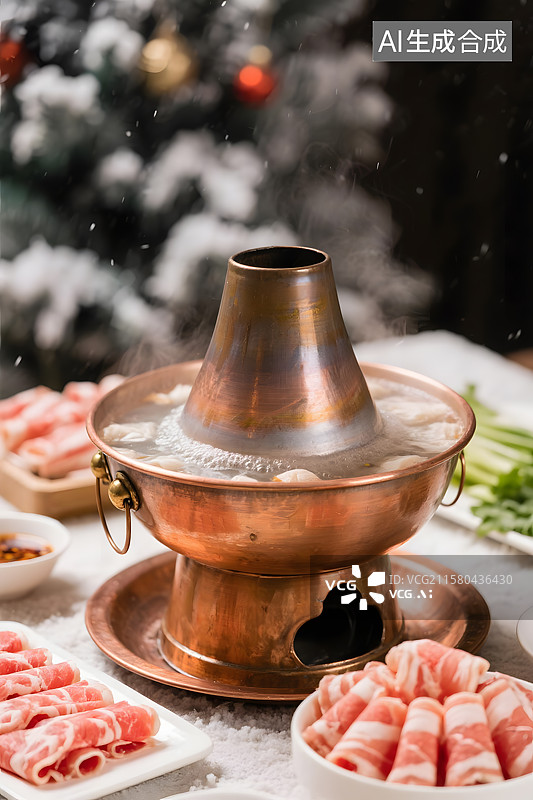 【AI数字艺术】冬天的火锅铜锅涮肉片图片素材