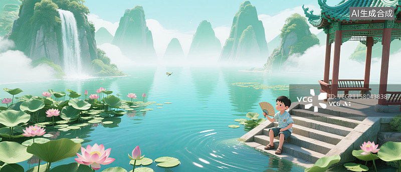 【AI数字艺术】小男孩，蒲扇，网兜，大暑，节气插画图片素材