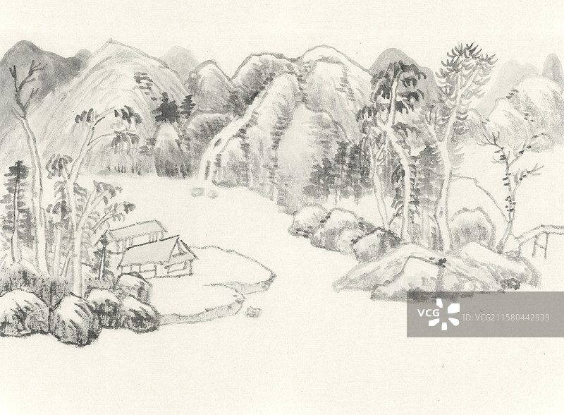 临清代画家山水墨树石头河房子夏天风景中国画插画图片素材
