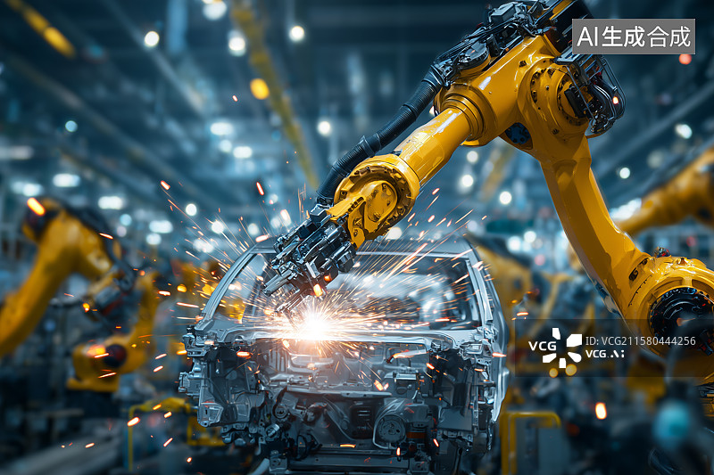 【AI数字艺术】汽车制造工厂，器械臂在进行焊接图片素材