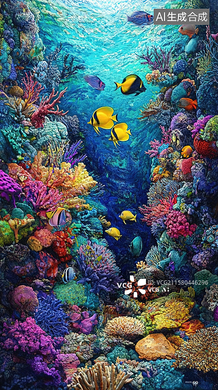 【AI数字艺术】世界海洋日插画海洋深处的鱼儿珊瑚礁和深潜的潜水员图片素材
