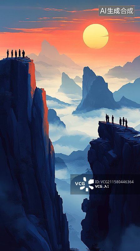 【AI数字艺术】中国旅游日插画日出山川松树云海自然风光图片素材