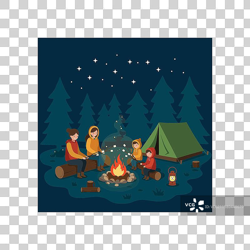 家庭在夜间露营，烤棉花糖图片素材