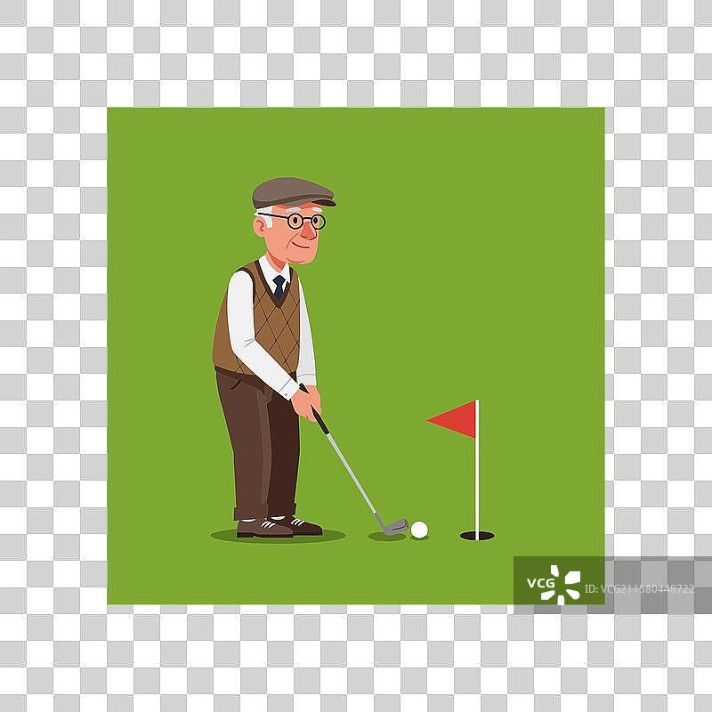 老年男子在高尔夫球场上推杆，球靠近洞口。图片素材