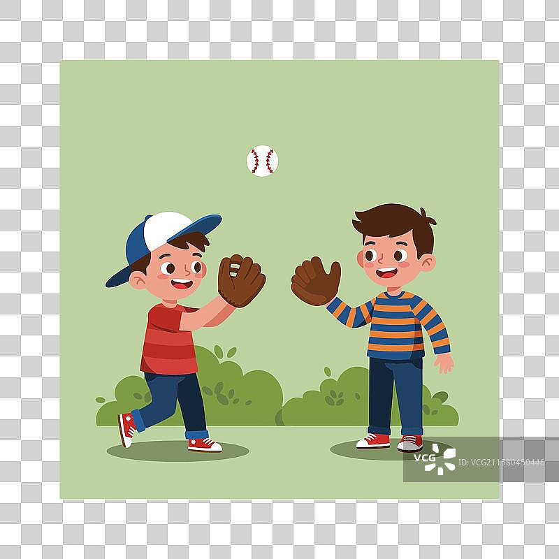 两个男孩在户外玩棒球，互相投球。图片素材