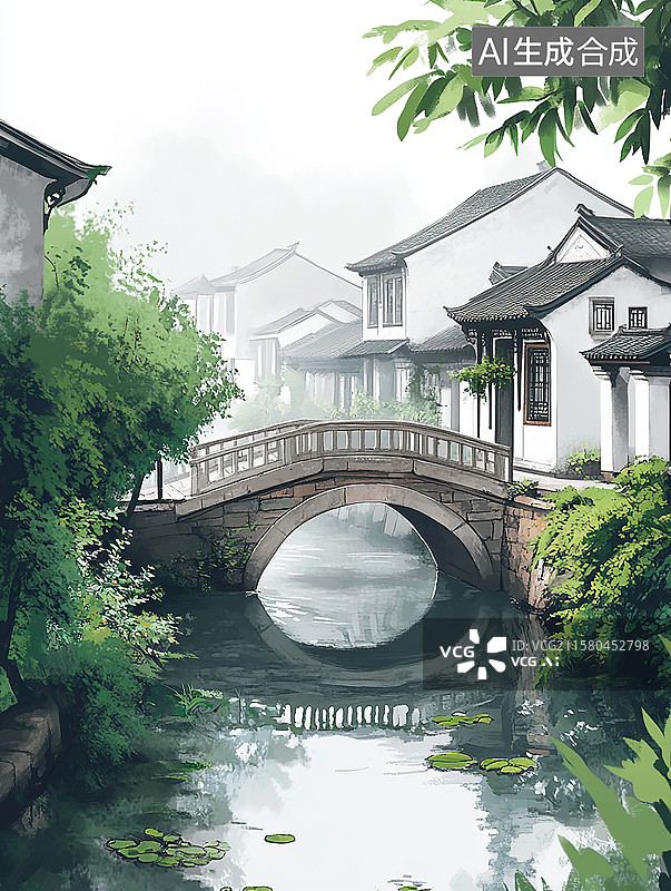 【AI数字艺术】江南水乡古镇插画图片素材