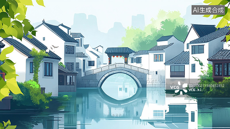 【AI数字艺术】江南水乡古镇插画图片素材