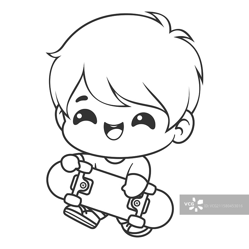 男孩手里拿着滑板，适合涂色。图片素材