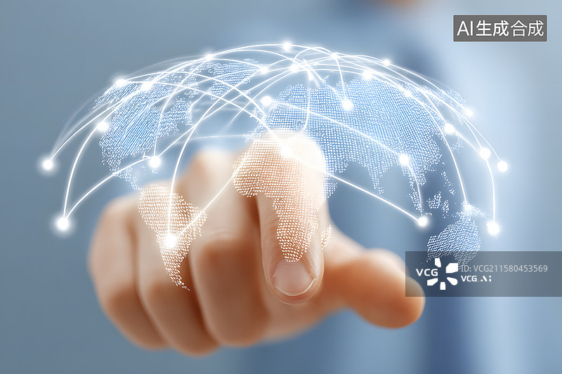 【AI数字艺术】手指触碰虚拟地球网络连接图图片素材