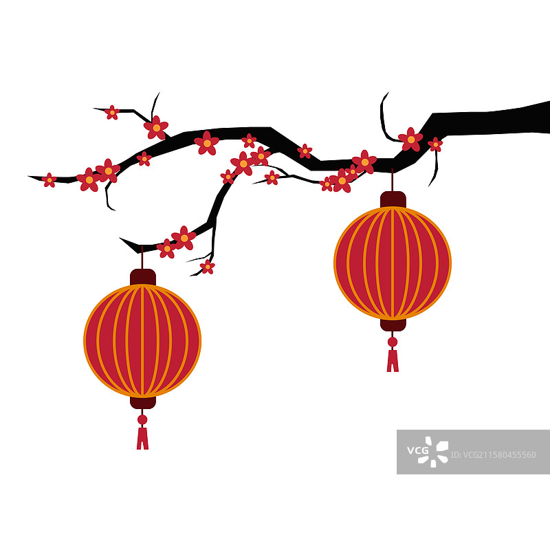 带有树枝和花朵的中国灯笼设计图片素材