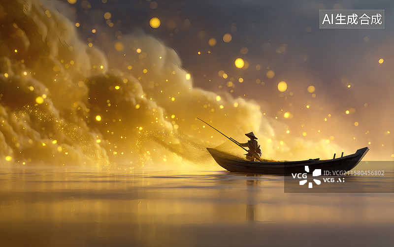 【AI数字艺术】江面上正在捕鱼的渔民图片素材