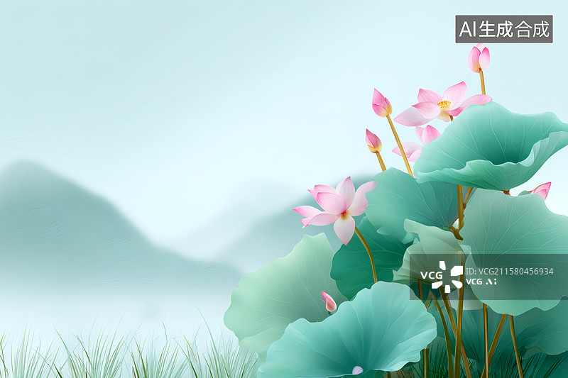 【AI数字艺术】荷塘里荷花盛开图片素材