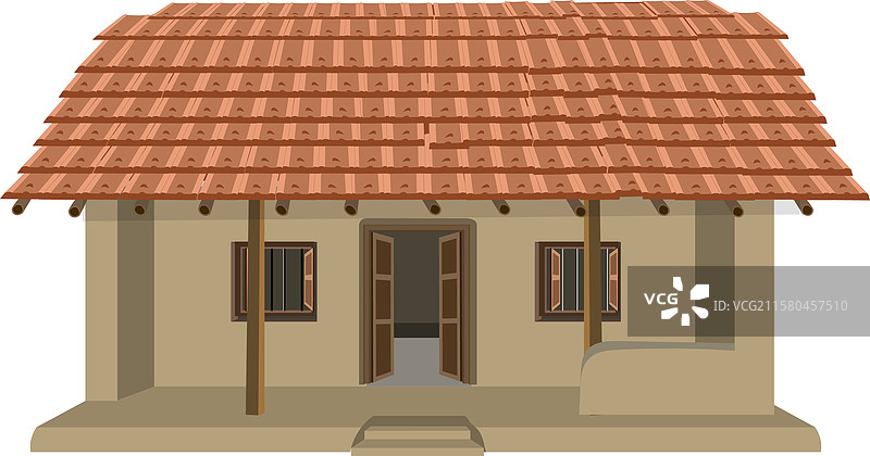 一座带有棕色屋顶和门廊的小房子图片素材