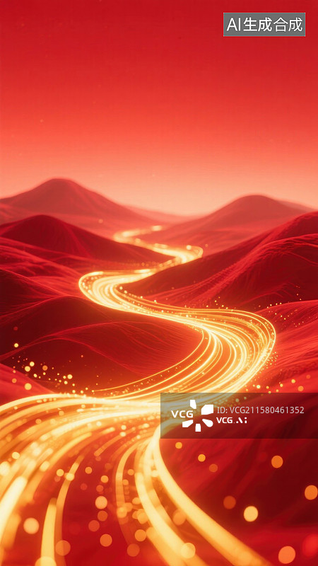 【AI数字艺术】红色山脉的光之路红色荒漠中的金色脉络图片素材