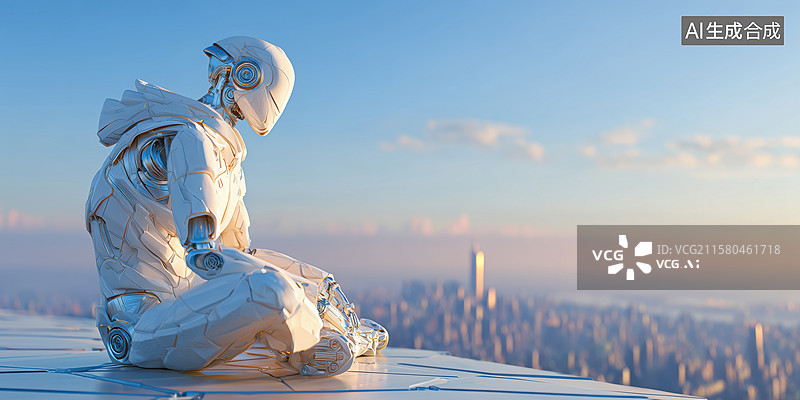 【AI数字艺术】坐在楼顶俯视城市的人工智能机器人3D立体插画图片素材