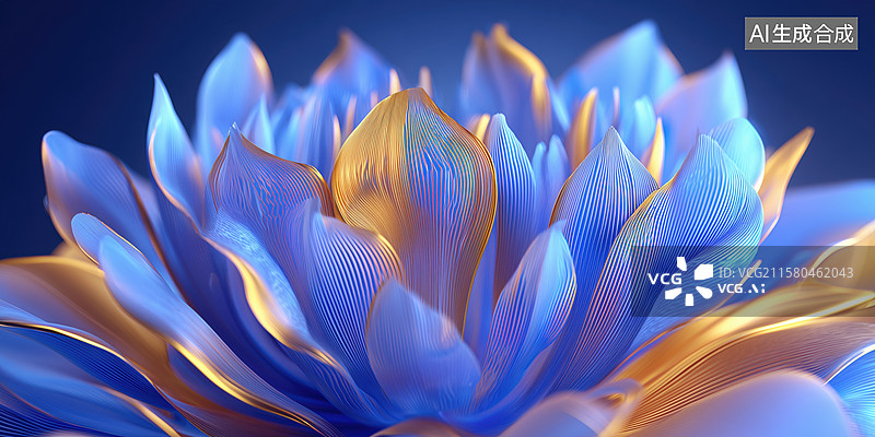 【AI数字艺术】唯美梦幻盛开的金色花蕊蓝色花朵3D立体插画图片素材