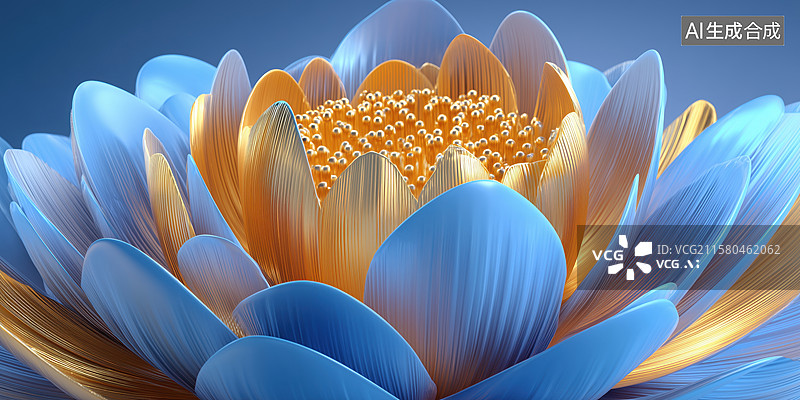 【AI数字艺术】唯美梦幻盛开的金色花蕊蓝色花朵3D立体插画图片素材