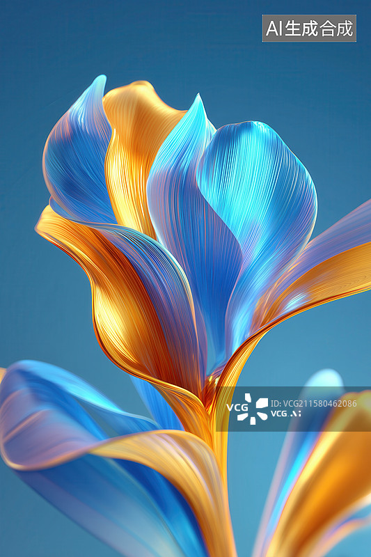 【AI数字艺术】唯美梦幻盛开的金色花蕊蓝色花朵3D立体插画图片素材