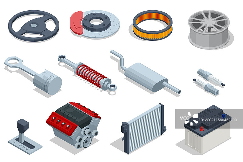 等距汽车零件套件：方向盘、刹车盘图片素材