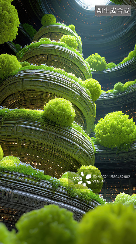 【AI数字艺术】科技科幻未来绿色生态居住建筑3D立体插画图片素材