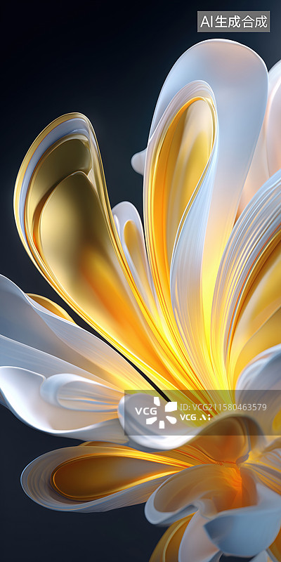 【AI数字艺术】时尚高贵盛开的金色花蕊白色花朵3D立体插画图片素材
