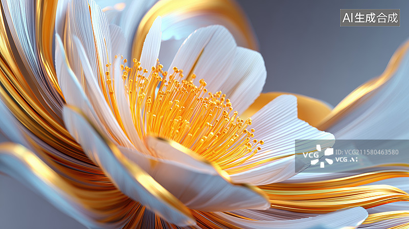 【AI数字艺术】时尚高贵盛开的金色花蕊白色花朵3D立体插画图片素材