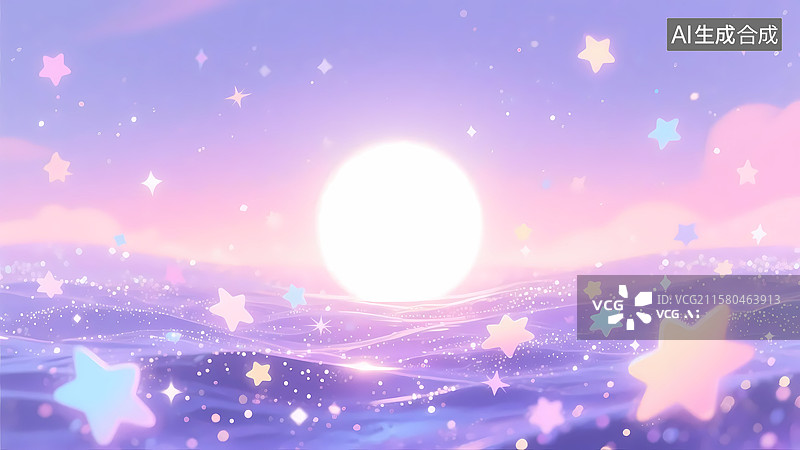 【AI数字艺术】梦幻粉紫色星星海浪云朵留白背景插画图片素材