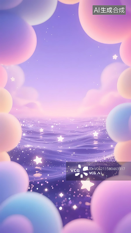 【AI数字艺术】梦幻粉紫色星星海浪云朵留白背景插画图片素材