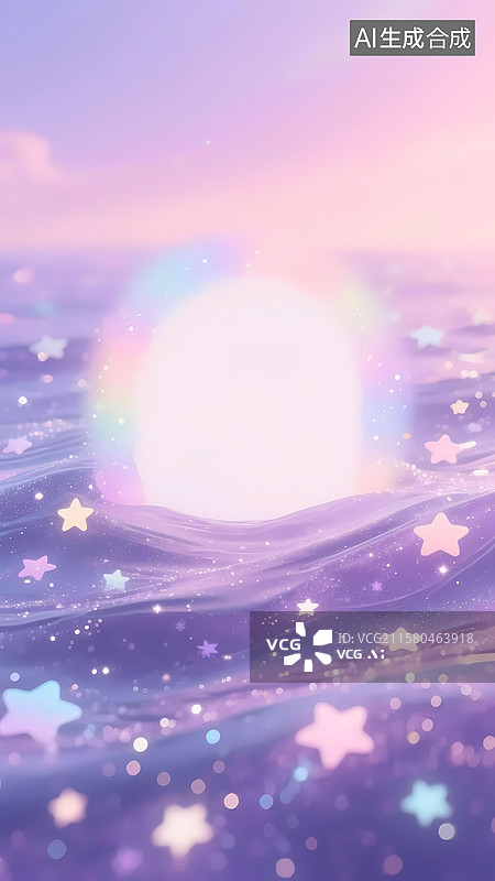 【AI数字艺术】梦幻粉紫色星星海浪云朵留白背景插画图片素材