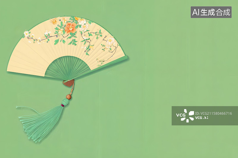 【AI数字艺术】绿色背景，一支打开的折扇，右边留白图片素材