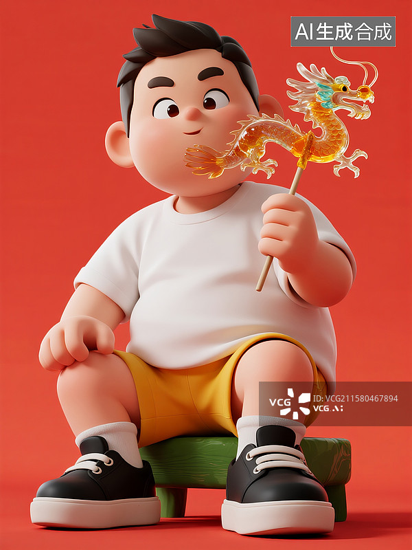 【AI数字艺术】可爱的小男孩拿着龙糖画图片素材