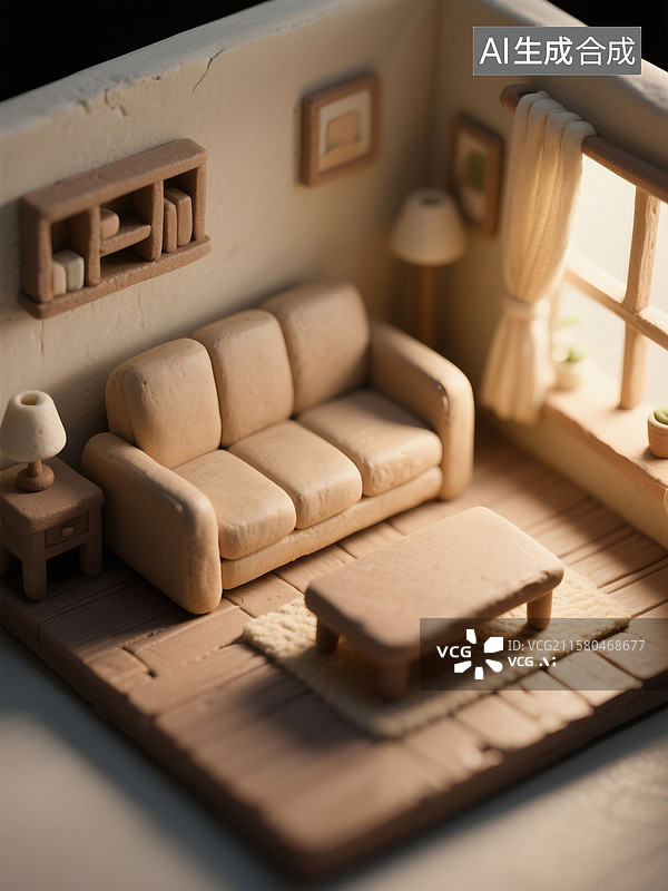 【AI数字艺术】微型粘土客厅沙发定格动画摄影画面图片素材