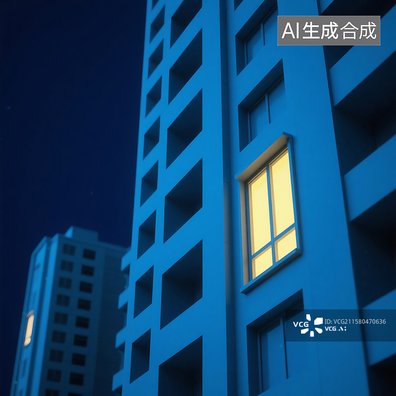 【AI数字艺术】3D渲染的夜晚深蓝色背景下高楼特写画面图片素材