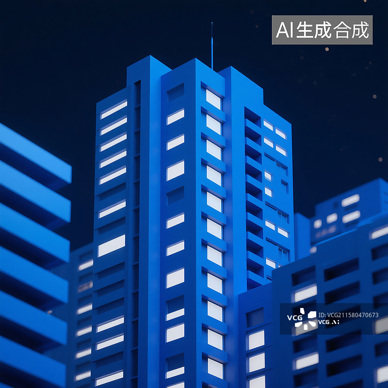 【AI数字艺术】3D渲染的夜晚深蓝色背景下高楼特写画面图片素材