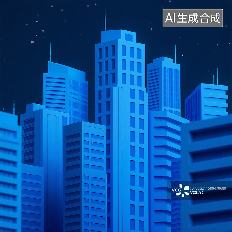 【AI数字艺术】3D渲染的夜晚深蓝色背景下高楼特写画面图片素材
