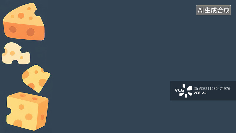 【AI数字艺术】2D卡通居左背景趣味扁平元素，许多块状芝士奶酪可爱儿童绘本插图绘画装饰画图案印花边框角图图片素材