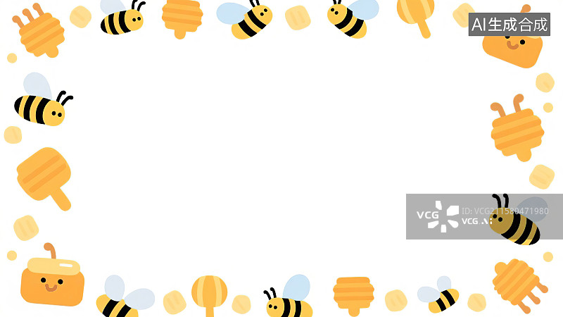 【AI数字艺术】2D卡通环绕背景趣味扁平元素，勤劳的小蜜蜂飞来飞去采蜂蜜儿童绘本插图绘画装饰画图案印花边框角图图片素材