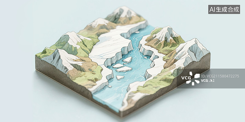 【AI数字艺术】冰川雪山融化概念自然地理地貌地形剖面图横截面断层钢笔淡彩手绘科普插图2.5D三维立体微缩景观模型场景图片素材
