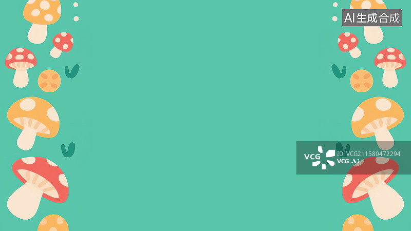 【AI数字艺术】2D卡通两侧背景趣味扁平元素，许多彩色蘑菇各种各样五彩缤纷可爱儿童绘本插图绘画装饰画图案印花边框角图图片素材