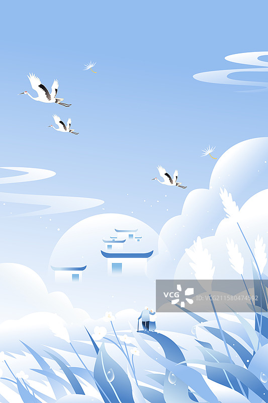 卡通秋季秋天立秋白露节气秋分家人亲子老人情侣学生旅游秋游仙鹤自然风景古建筑渐变中国风国潮渐变矢量插画图片素材