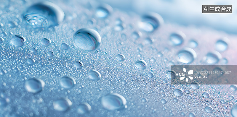 【AI数字艺术】晶莹剔透的水珠在浅蓝色表面上凝结图片素材
